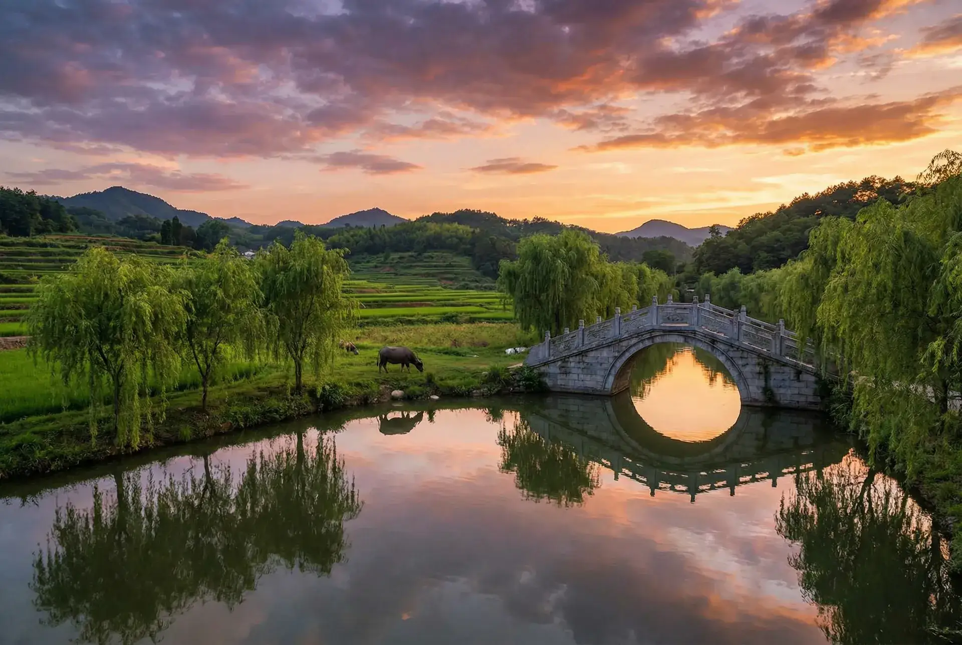 夕阳下的石拱桥与垂柳，水牛在河边吃草 - 51品茶平台 乡村美景